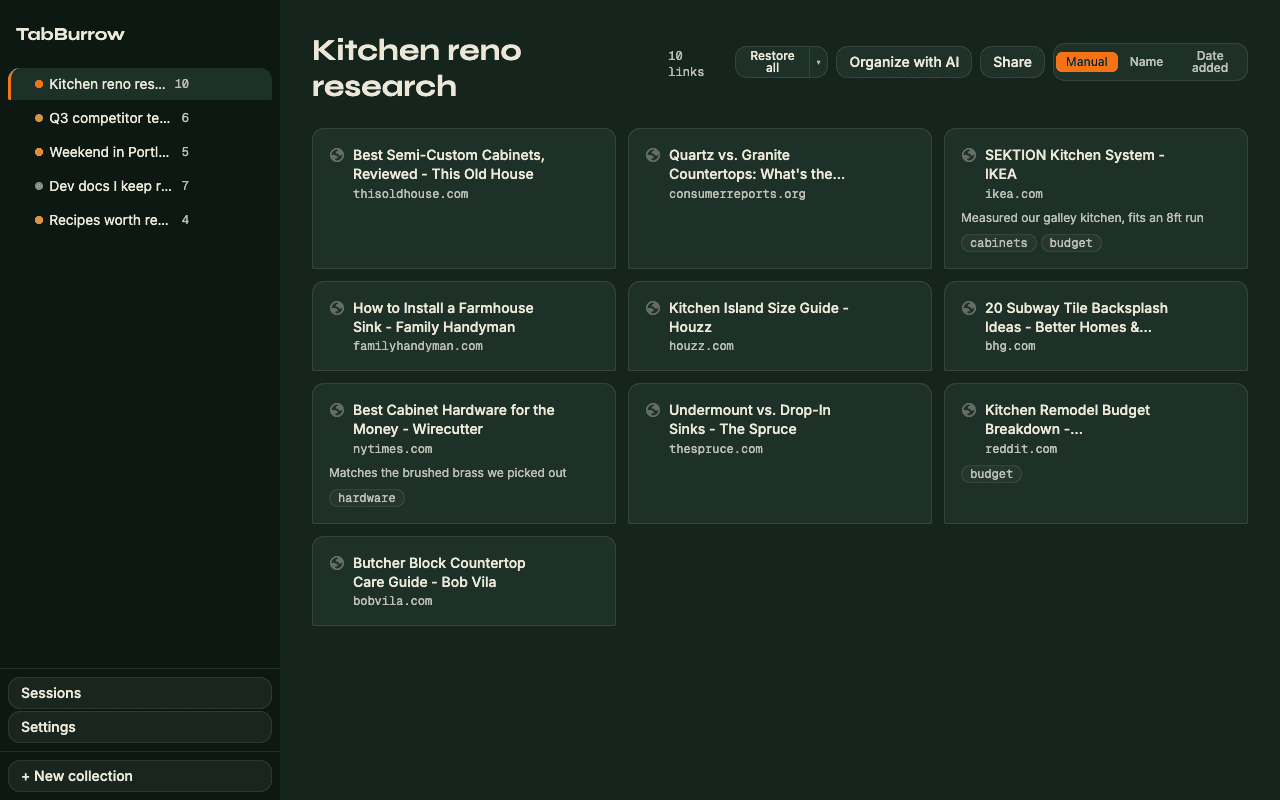 TabBurrow interface